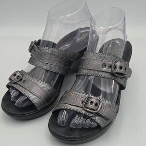 DANSKO Jessie Gray Silver Leather Adjustable Buckle Shoes Sandals Size 7 / 38